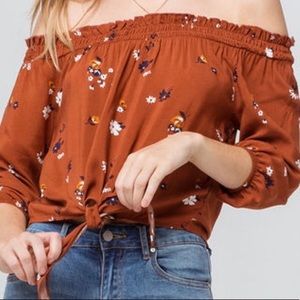 XS Mini Chica Orange Floral Off Shoulder Long Sleeve